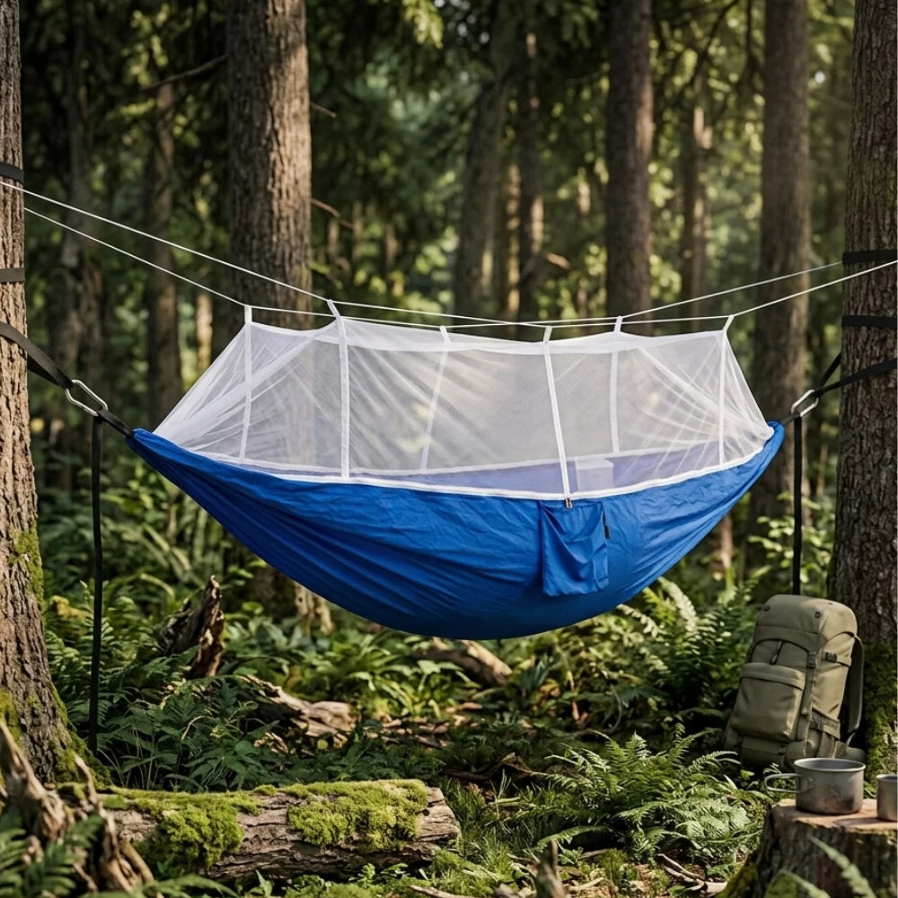 Hamac Survivalisme suspendu entre deux arbre dans une forêt