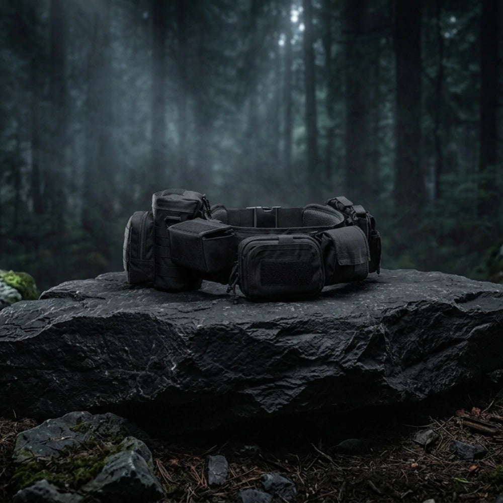 Ceinture Tactique Militaire posé sur un rocher en forêt sombre. 