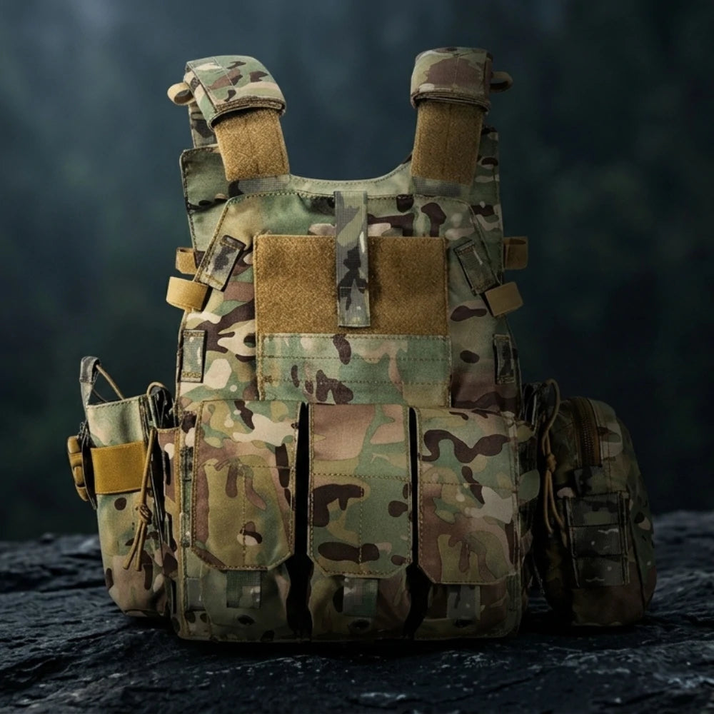 Gilet Tactique Minimaliste posé sur un rocher en forêt sombre.