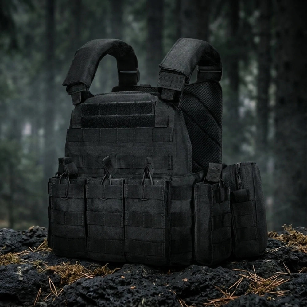 Gilet Tactique Multipoches posé sur un rocher en forêt sombre.