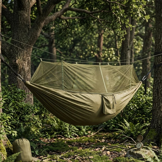 Hamac de Survie Anti-Moustique suspendu entre deux arbre dans une forêt 
