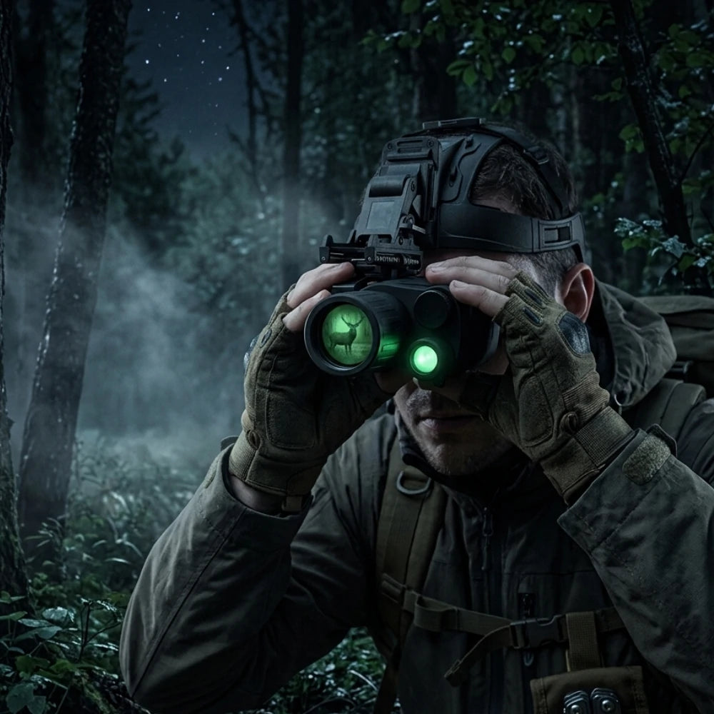 Monoculaire vision nocturne militaire NVx3 avec serre-tête en pleine action dans la forêt