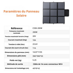 Générateur Solaire Pliable Foval – paramètres