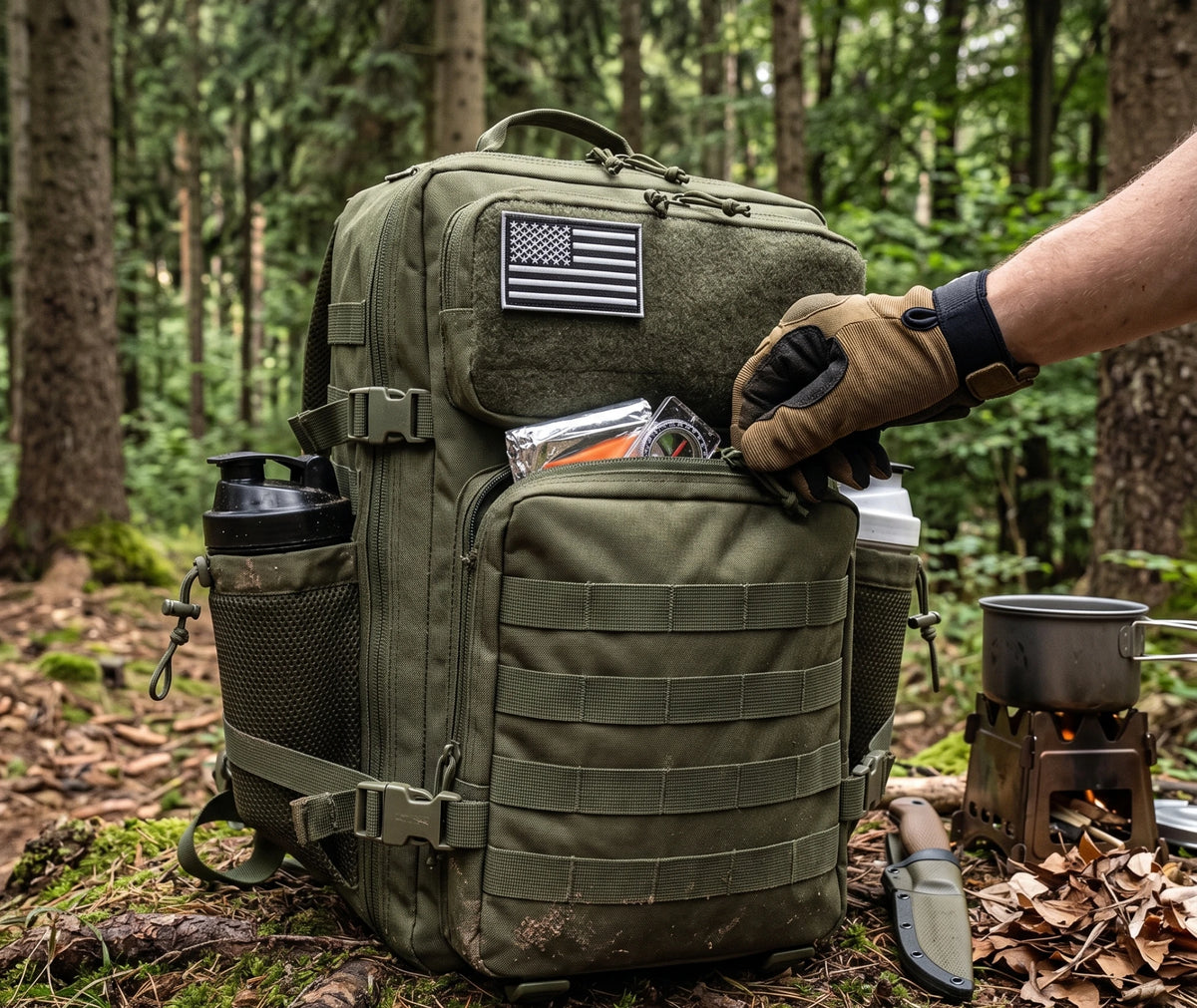 Sac à dos de survie 50L porté en randonnée