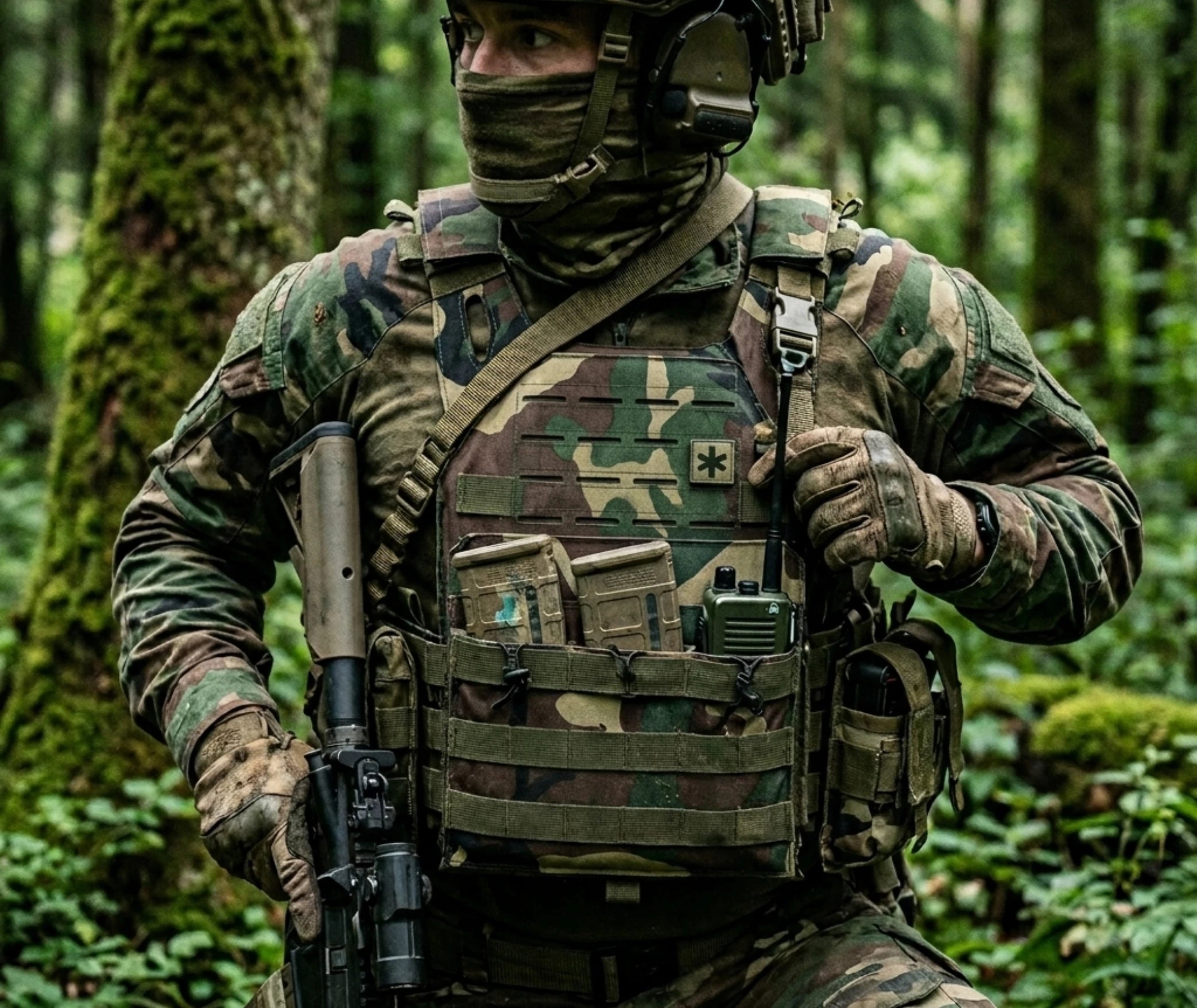 gilet tactique camouflage forêt molle porté en situation