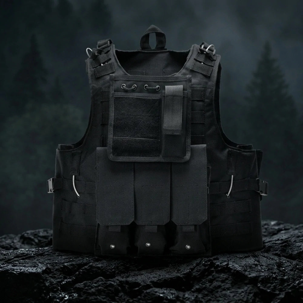Gilet Tactique Noir Souple posé sur un rocher en forêt sombre.