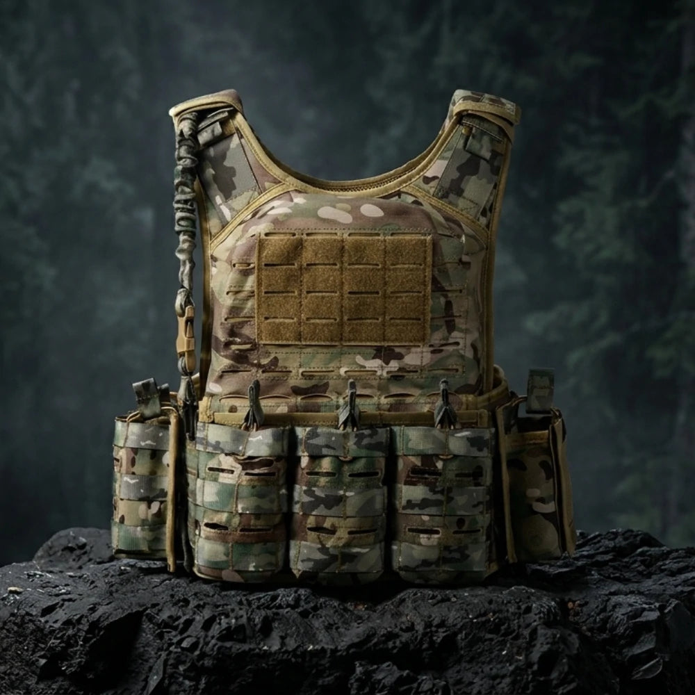 Gilet Tactique Ultra Léger posé sur un rocher en forêt sombre