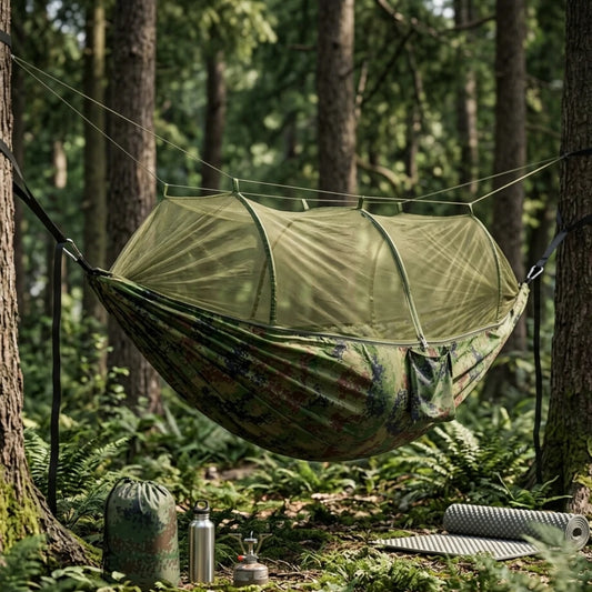 Hamac Camouflage Militaire suspendu entre deux arbre dans une forêt