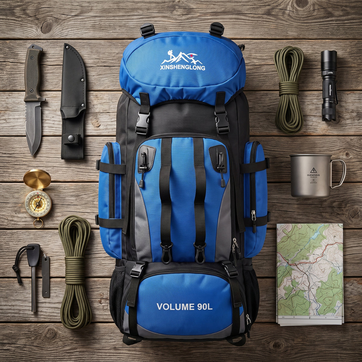 Sac à Dos de Randonnée 90L Imperméable — Flat lay EDC